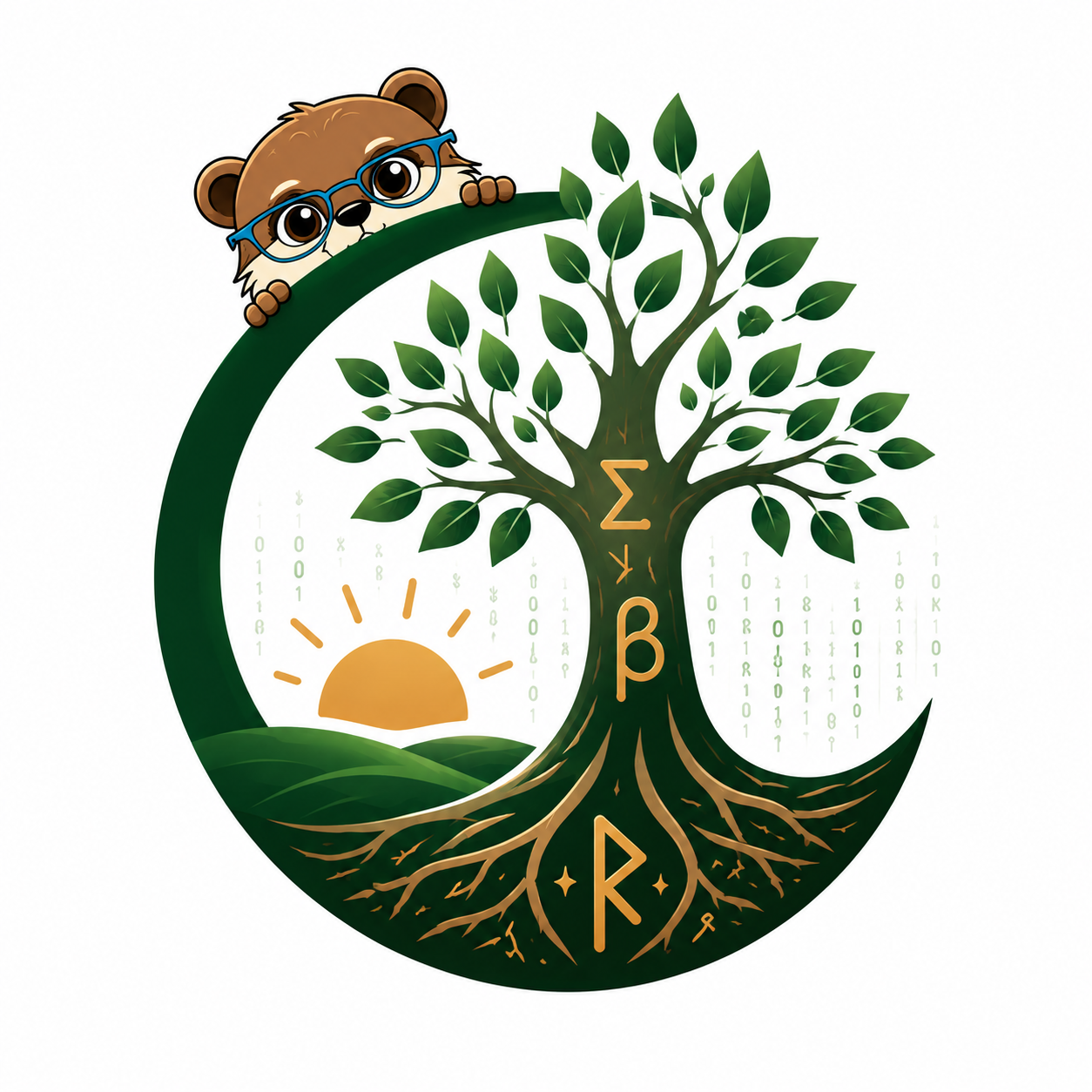 Roger peeking over a green ring surrounding a tree and its roots