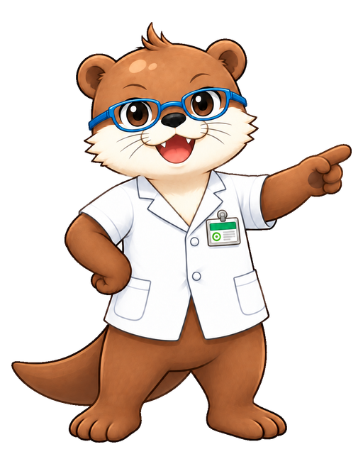 Roger, an otter wearing a lab coat and glasses